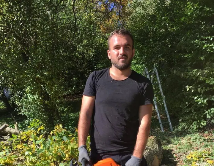 Mitarbeiter von Feruku Pro mit Motorsäge beim Baumrückschnitt