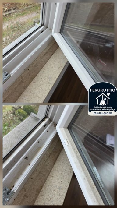 Fensterbank mit zwei Ansichten des Rahmens und der Fensteröffnung.